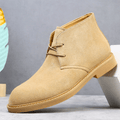 Tan suede-look desert boot with a plain toe, two-eyelet lace-up closure, and a low stacked heel with welt stitching.