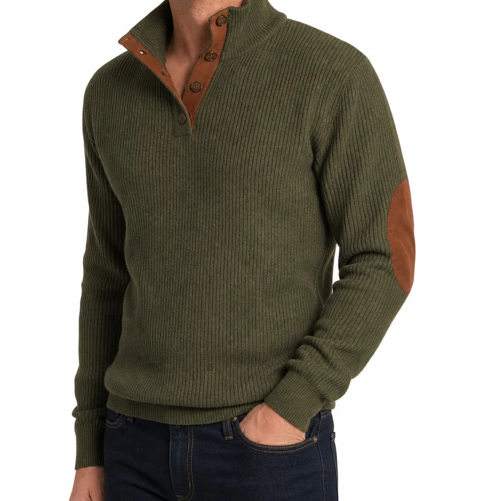 Luca Ribbed Knit Henley Sweater – Elbow Patch Contrast Placket Pullover