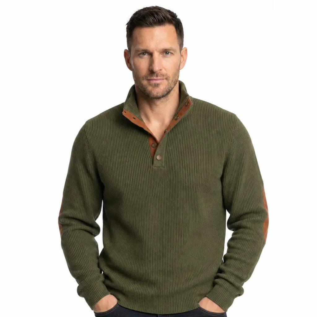 Luca Ribbed Knit Henley Sweater – Elbow Patch Contrast Placket Pullover