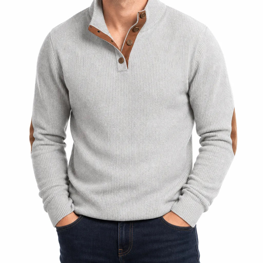 Luca Ribbed Knit Henley Sweater – Elbow Patch Contrast Placket Pullover