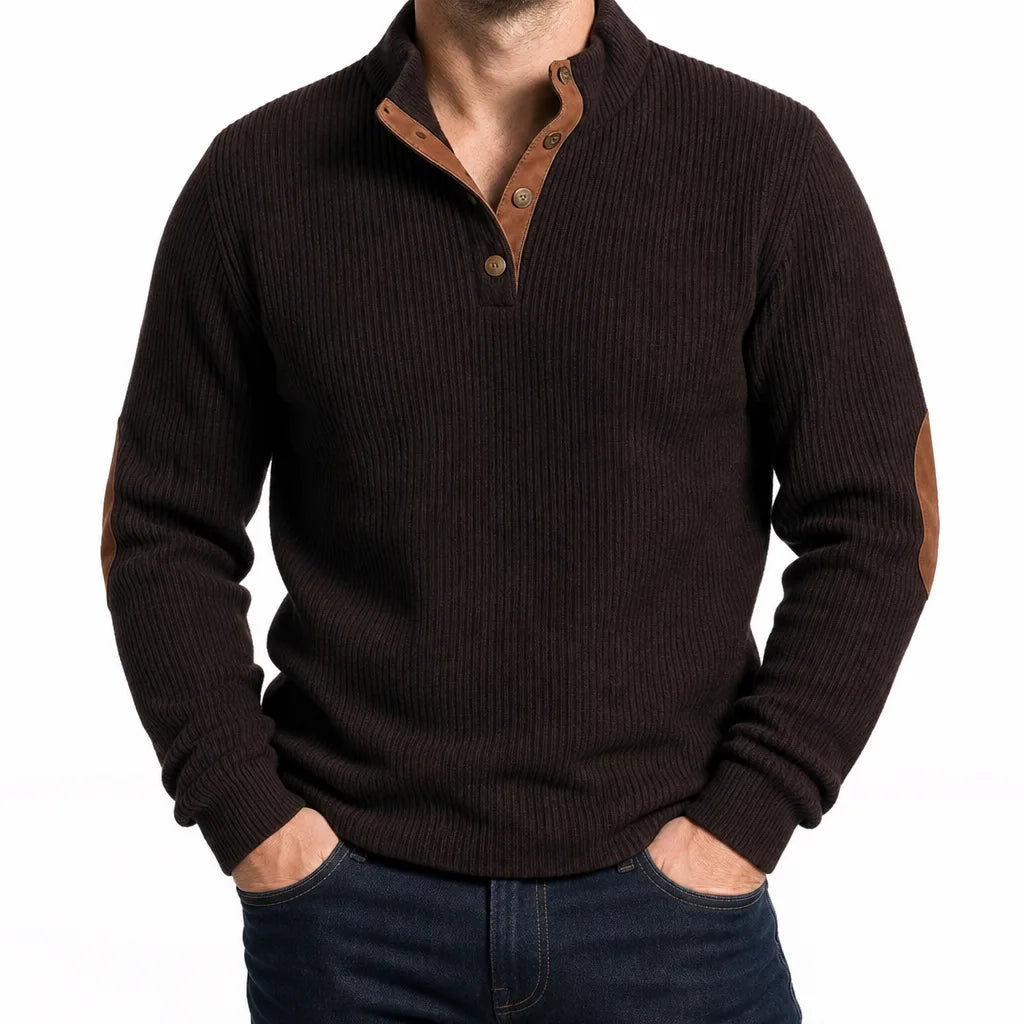 Luca Ribbed Knit Henley Sweater – Elbow Patch Contrast Placket Pullover