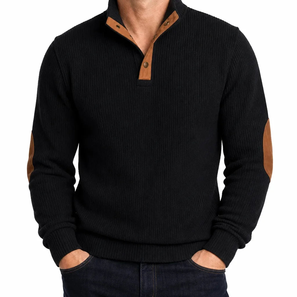 Luca Ribbed Knit Henley Sweater – Elbow Patch Contrast Placket Pullover