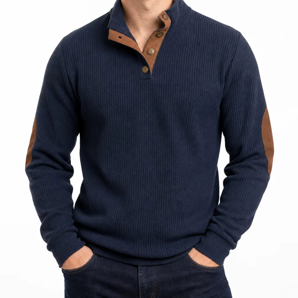 Luca Ribbed Knit Henley Sweater – Elbow Patch Contrast Placket Pullover