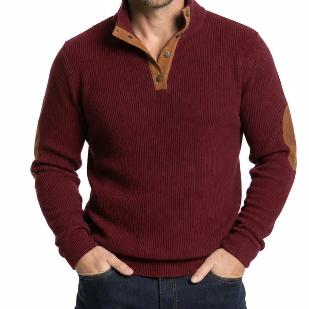 Luca Ribbed Knit Henley Sweater – Elbow Patch Contrast Placket Pullover