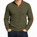 Luca Ribbed Knit Henley Sweater – Elbow Patch Contrast Placket Pullover
