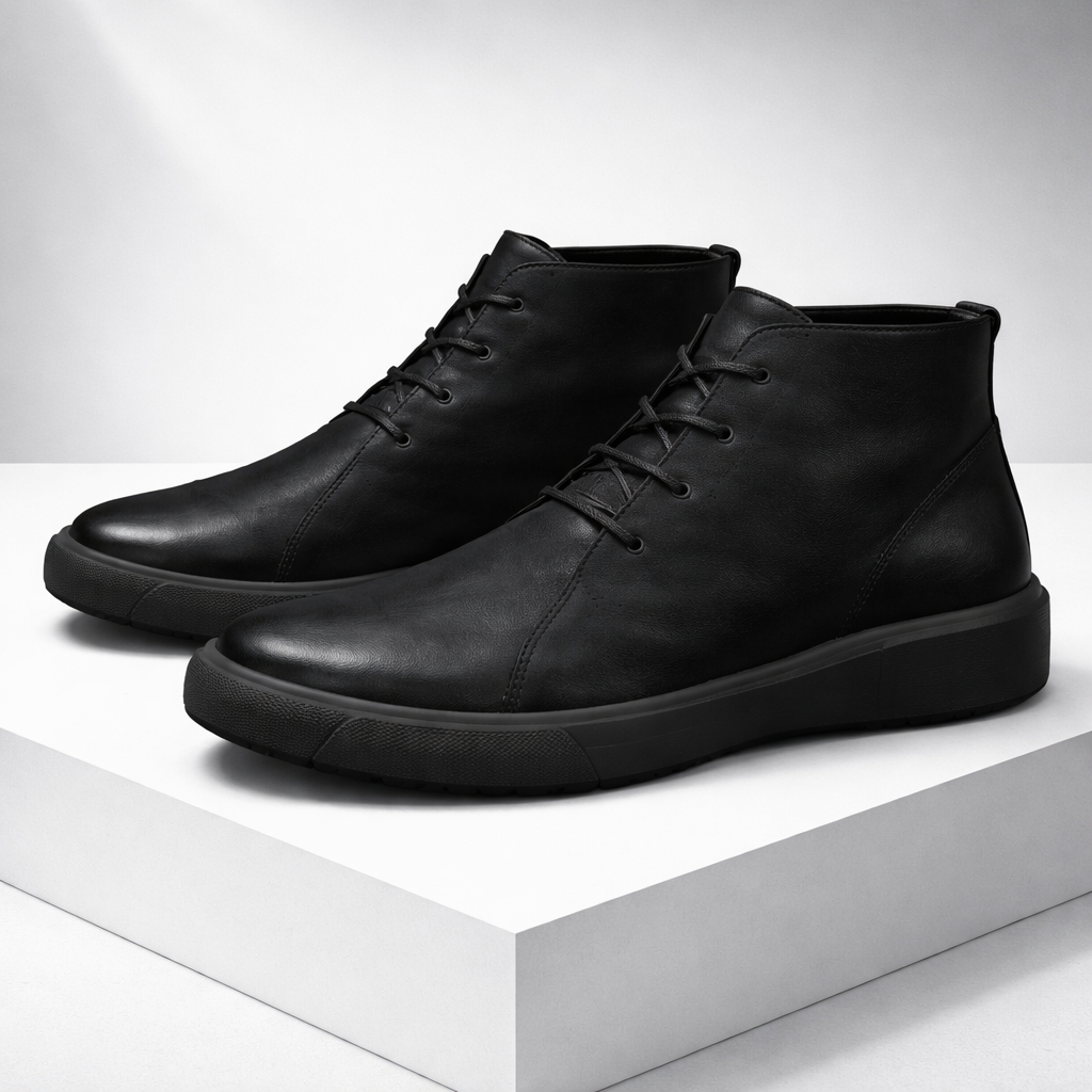 Black matte leather chukka boots with a rounded toe, lace-up closure, and a thick, textured chunky rubber outsole.