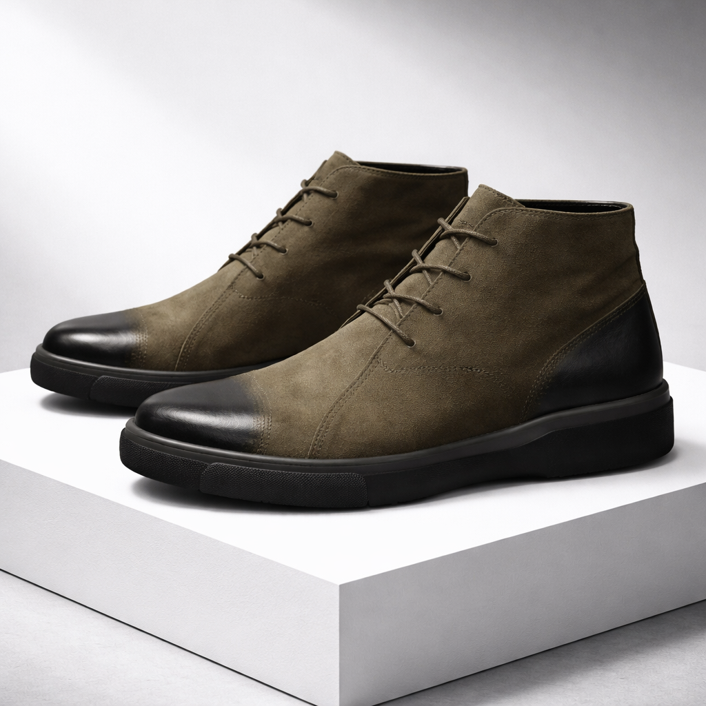Olive suede chukka boots with black leather toe caps, lace-up closure, and a chunky, durable rubber outsole.