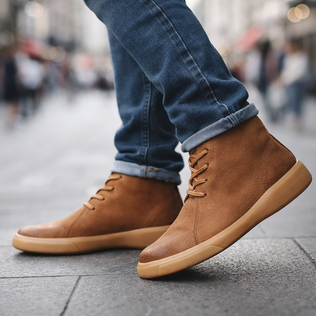 Tan smooth leather chukka boots with a chunky gum sole, rounded toe, and lace-up closure worn with cuffed blue jeans.