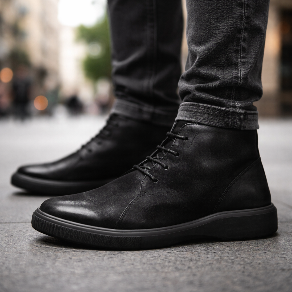 Black smooth leather chukka boots with a rounded toe and chunky rubber sole, worn with grey denim on a city street.