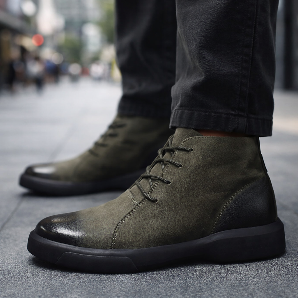 Olive green suede chukka boots with a rounded toe, lace-up closure, and a thick black chunky outsole on a city sidewalk.