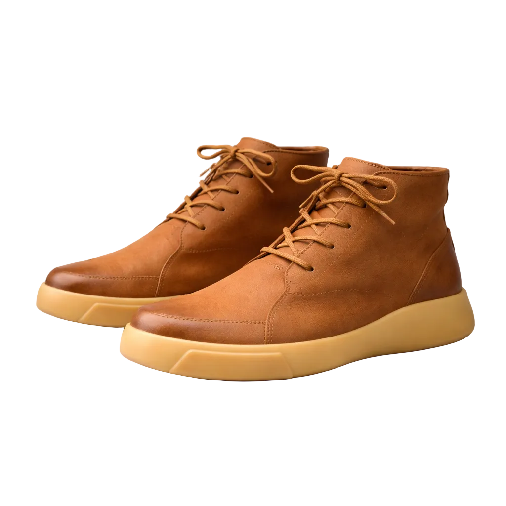 Tan smooth leather chukka boots with a rounded toe, lace-up closure, and a thick, chunky rubber outsole.