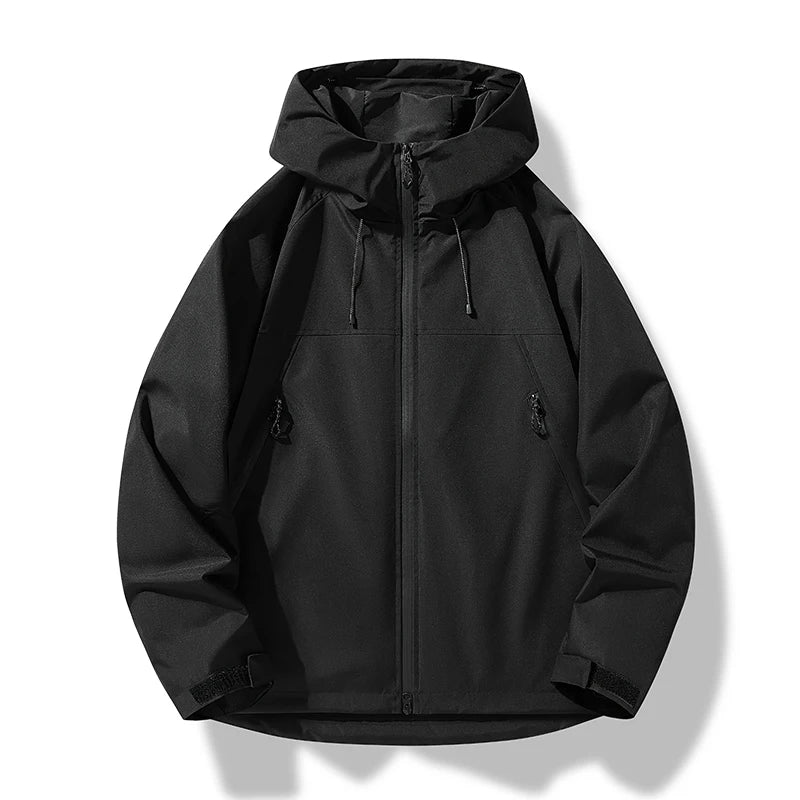 Black hooded zip-up windbreaker jacket featuring adjustable drawstrings, zippered pockets, and long sleeves on a white background.