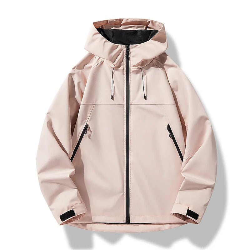 Light pink hooded zip-up windbreaker jacket with adjustable drawstrings, zippered pockets, and adjustable cuffs on a white background.