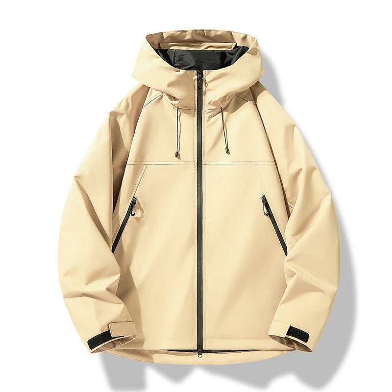 Beige hooded zip-up windbreaker jacket with adjustable drawstrings, zippered pockets, and adjustable cuffs displayed on a white background.