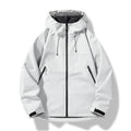 White hooded zip-up windbreaker jacket with adjustable drawstrings, zippered pockets, and adjustable cuffs displayed on a white background.