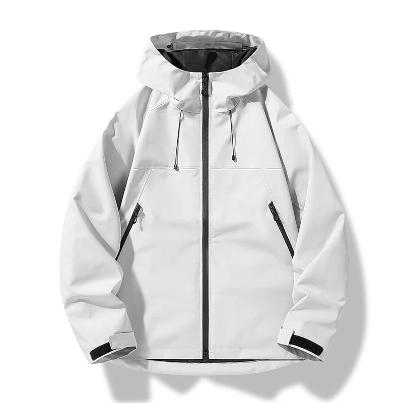 White hooded zip-up windbreaker jacket with adjustable drawstrings, zippered pockets, and adjustable cuffs displayed on a white background.
