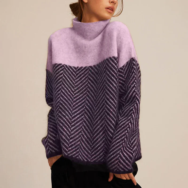 Lavender and gray color-block turtleneck sweater with a textured herringbone knit pattern and oversized relaxed fit.