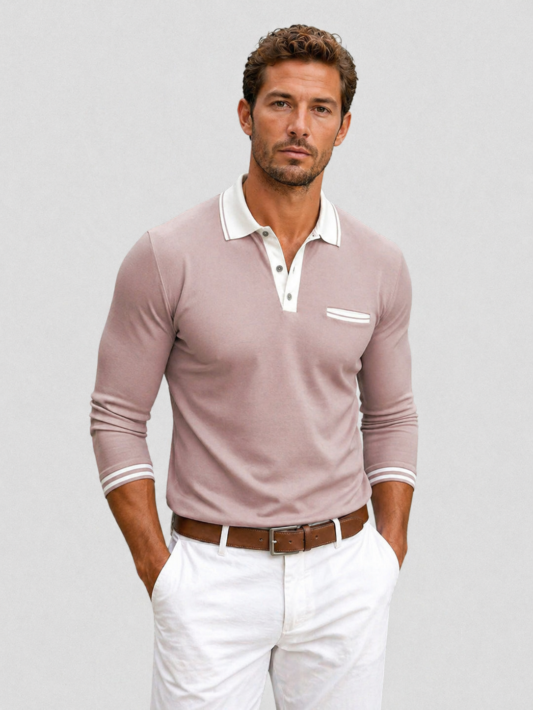 Mauve long-sleeve knit polo with a white contrast collar, button placket, chest pocket, and striped cuff trim.