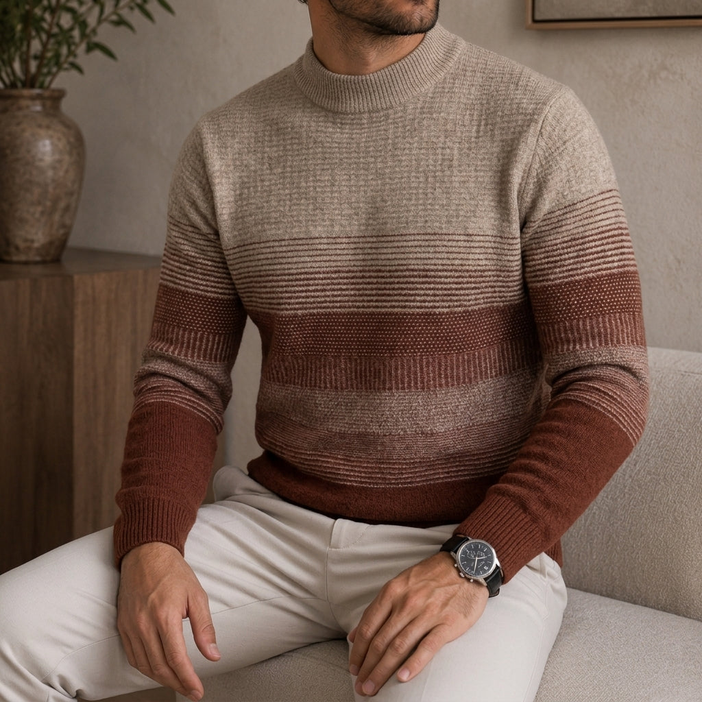 Wool crewneck sweater featuring a tan-to-rust ombre stripe pattern, ribbed collar, and fitted cuffs in a relaxed fit.
