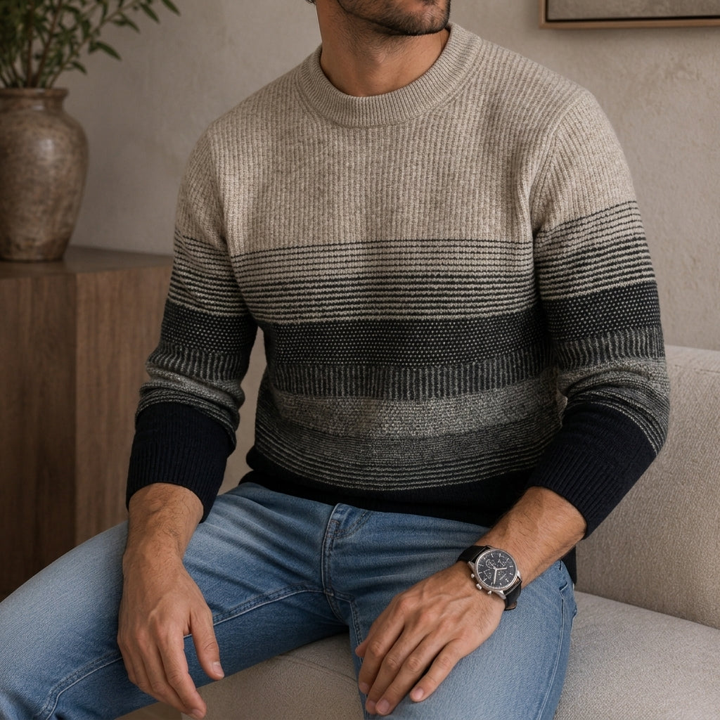 Fine wool crewneck sweater featuring a gradient ombre stripe pattern in neutral tones with ribbed trim and a relaxed fit.