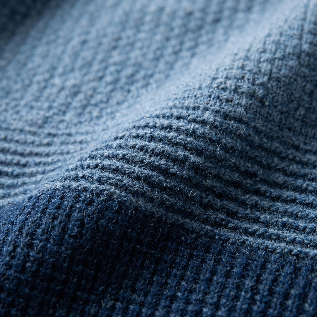 Fine wool crewneck sweater in a soft blue to deep navy ombre stripe with a textured ribbed knit finish.