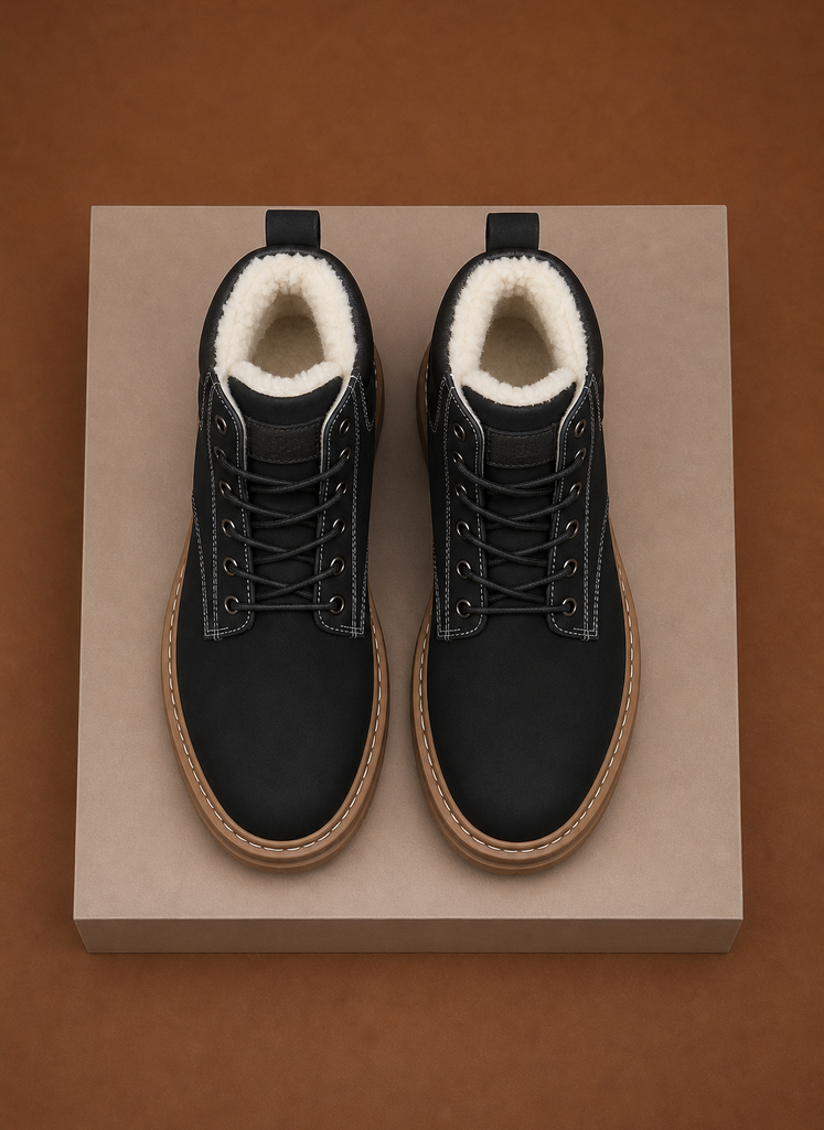 Black ankle boots with plush fur lining, contrast stitching, lace-up metal eyelets, and a rugged tan lug sole.