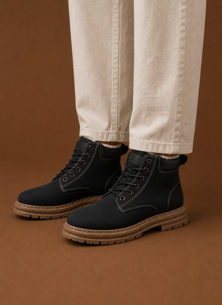 Black ankle boots with contrast stitching, fur lining, and a rugged tan lug sole worn with cream trousers.