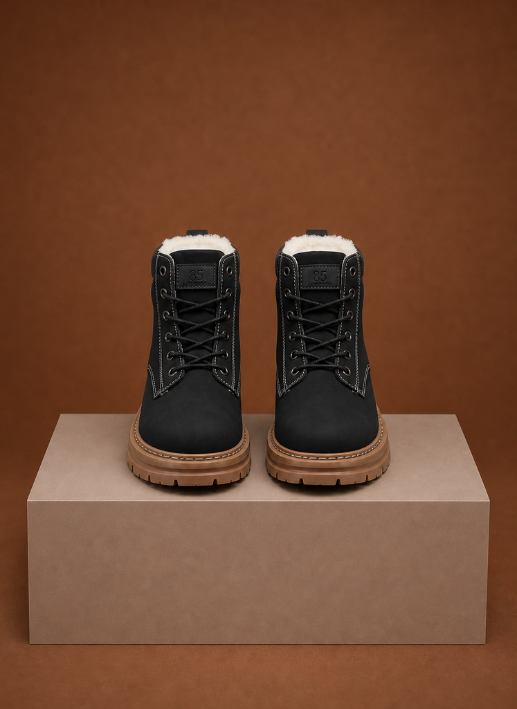 Black winter boots with fur lining, contrast stitching, and a rugged tan lug sole on a neutral display pedestal.