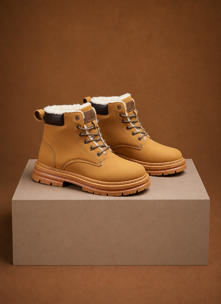 Tan ankle boots with fur lining, lace-up closure, and rugged lug soles on a minimalist platform.