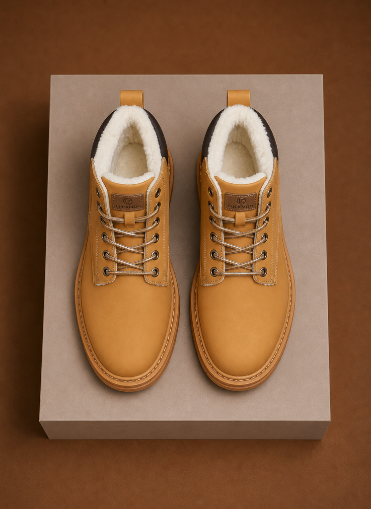 Tan leather ankle boots with plush fur lining, lace-up metal eyelets, and contrast stitching on a lug sole.