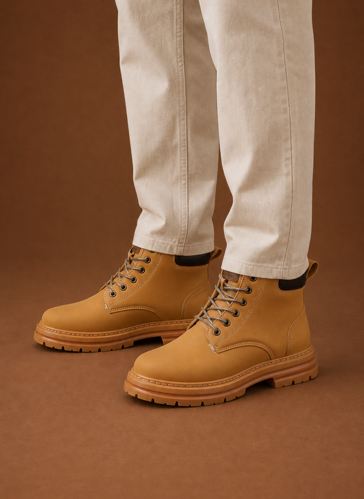 Tan leather winter boots with contrast stitching, metal eyelets, and a rugged lug sole, worn with light-colored trousers.