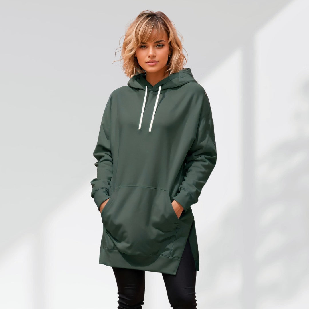 Oversized forest green brushed cotton hoodie with a longline hem, side slits, and a drawstring hood.