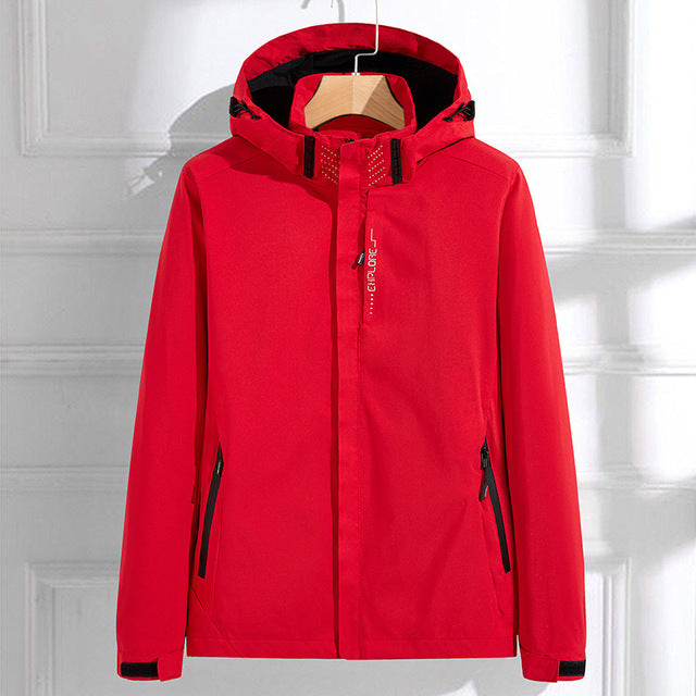 Red hooded waterproof jacket featuring a full-zip front, adjustable hood, zippered pockets, and long sleeves on a white background.