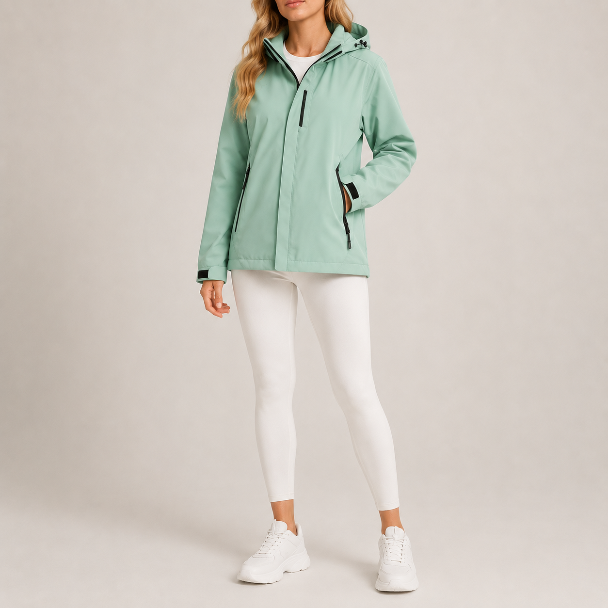 Woman wearing a mint green hooded waterproof jacket with a full-zip front, adjustable hood, zippered pockets, and white leggings.