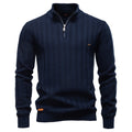 Navy textured quarter-zip knit sweater featuring a stand collar, ribbed cuffs, and all-over geometric knit pattern on a white background.