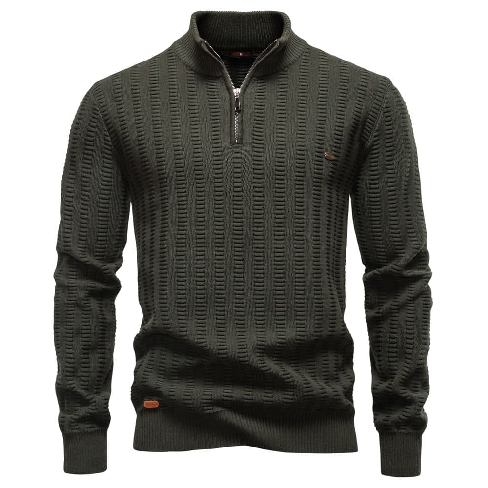 Olive green textured quarter-zip knit sweater with a stand collar and geometric knit pattern displayed on a white background.