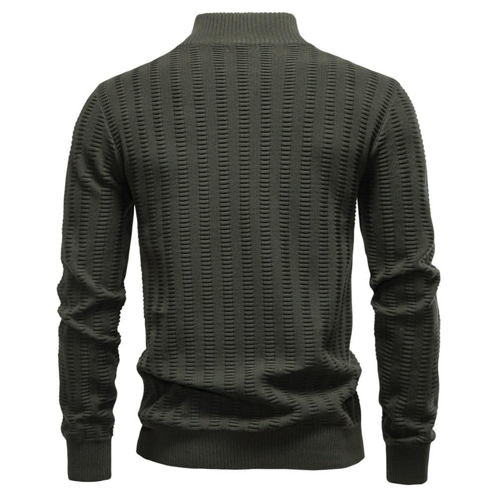 Back view of an olive green textured quarter-zip knit sweater with a stand collar and ribbed hem on a white background.