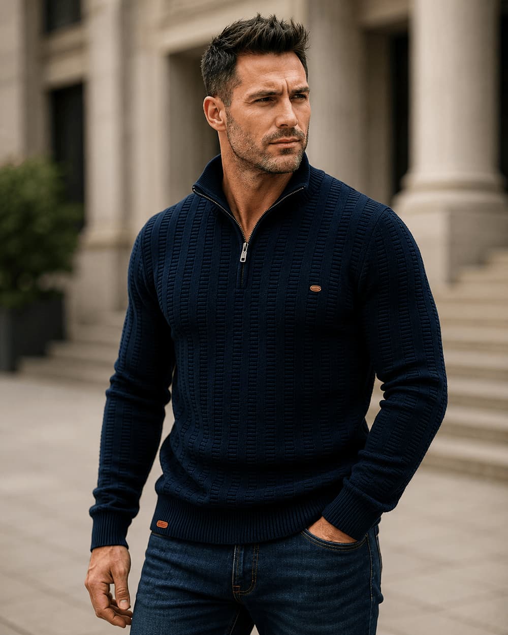 Navy textured quarter-zip knit sweater with a stand collar, ribbed cuffs, and long sleeves, worn with dark jeans in a smart casual outdoor setting.
