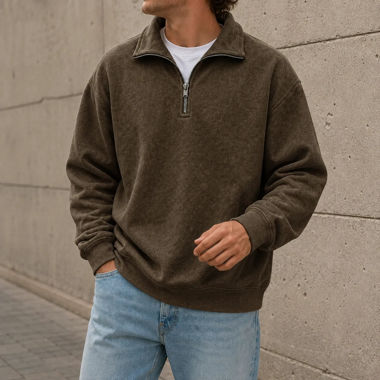 Brown quarter-zip fleece sweatshirt featuring a stand collar and relaxed fit, worn with light blue jeans outdoors.