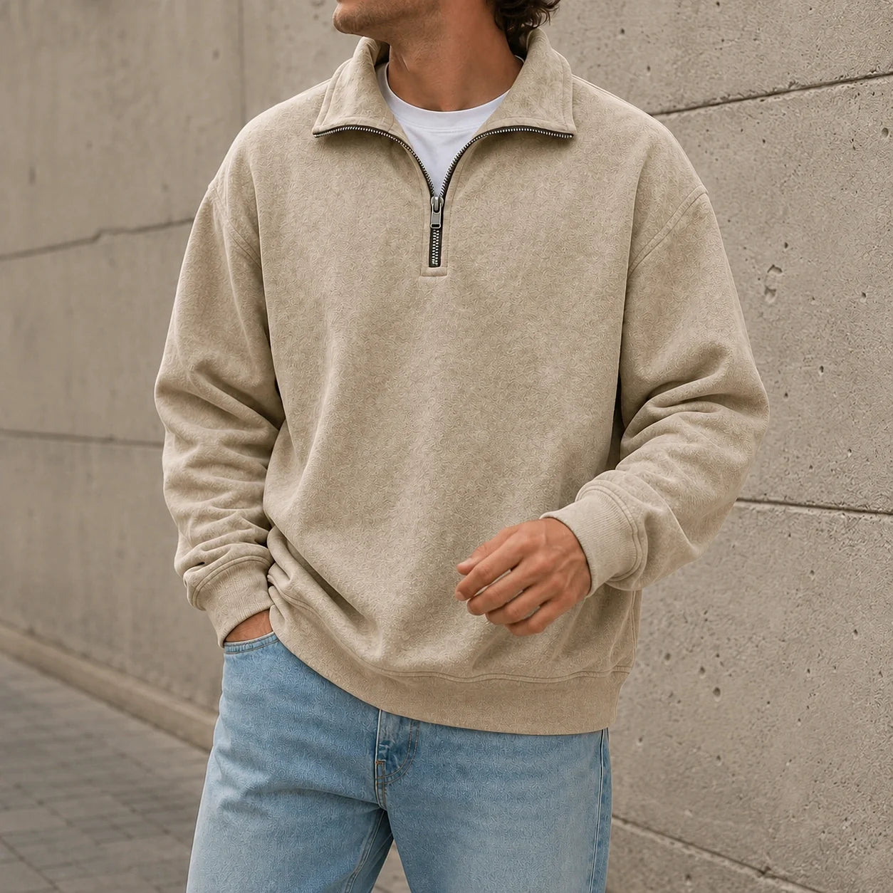 Beige quarter-zip fleece sweatshirt with a stand collar and relaxed fit, styled with light blue jeans in an outdoor setting.