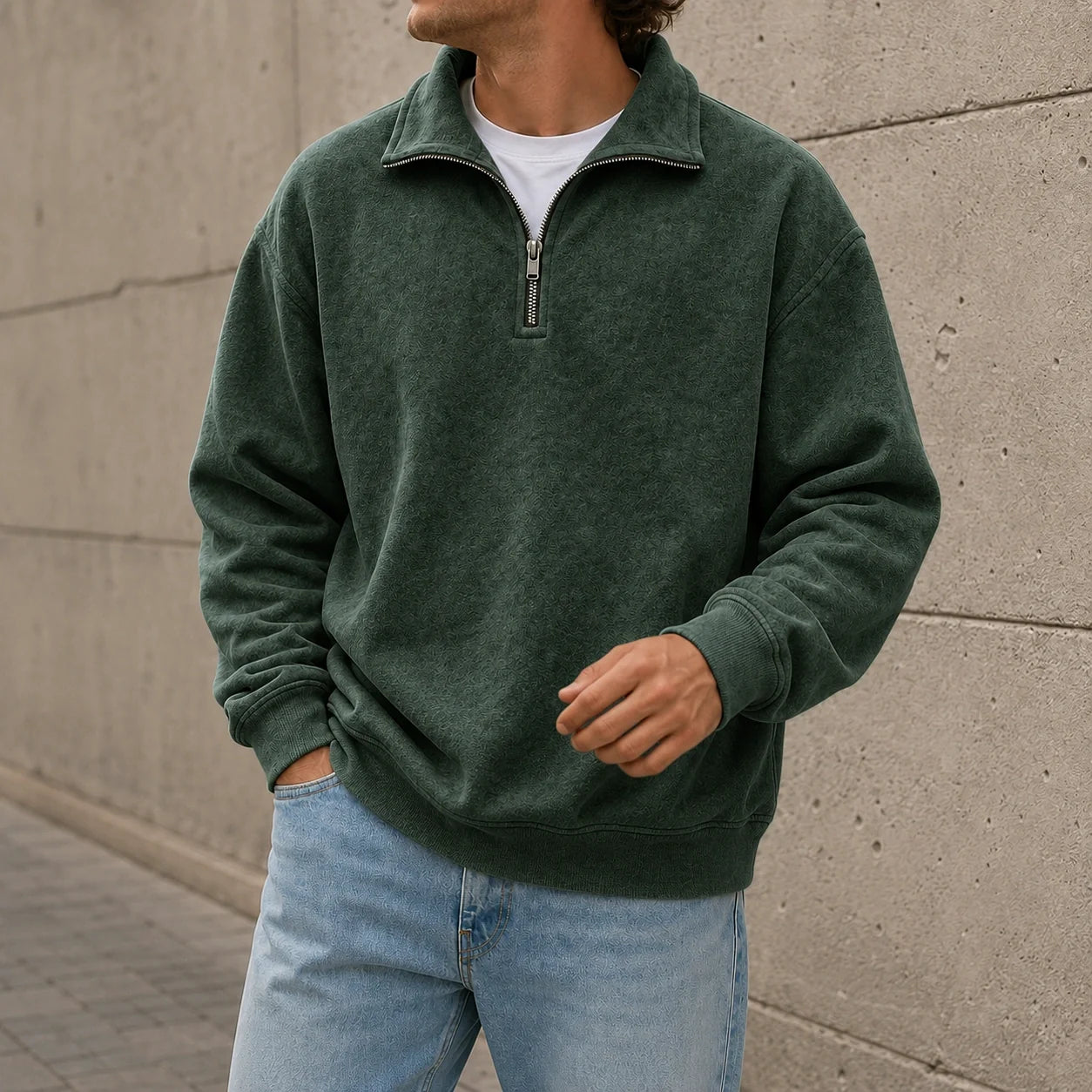 Dark green quarter-zip fleece sweatshirt featuring a stand collar and relaxed fit, styled with light blue jeans.
