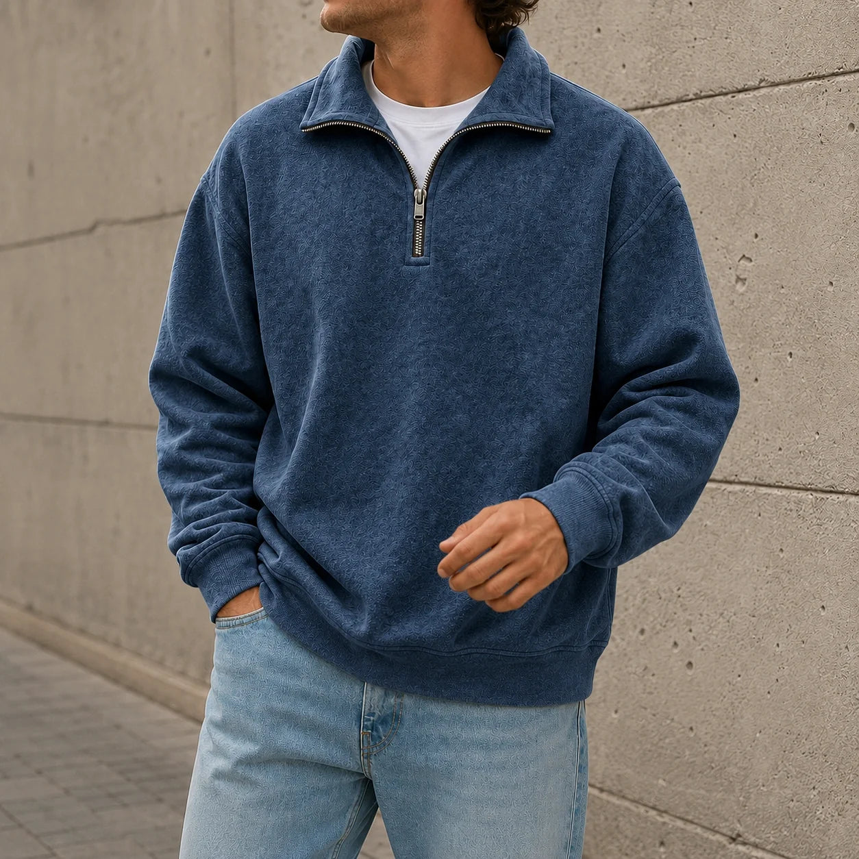 Navy quarter-zip fleece sweatshirt with a stand collar and relaxed fit, paired with light blue jeans in a casual outdoor setting.