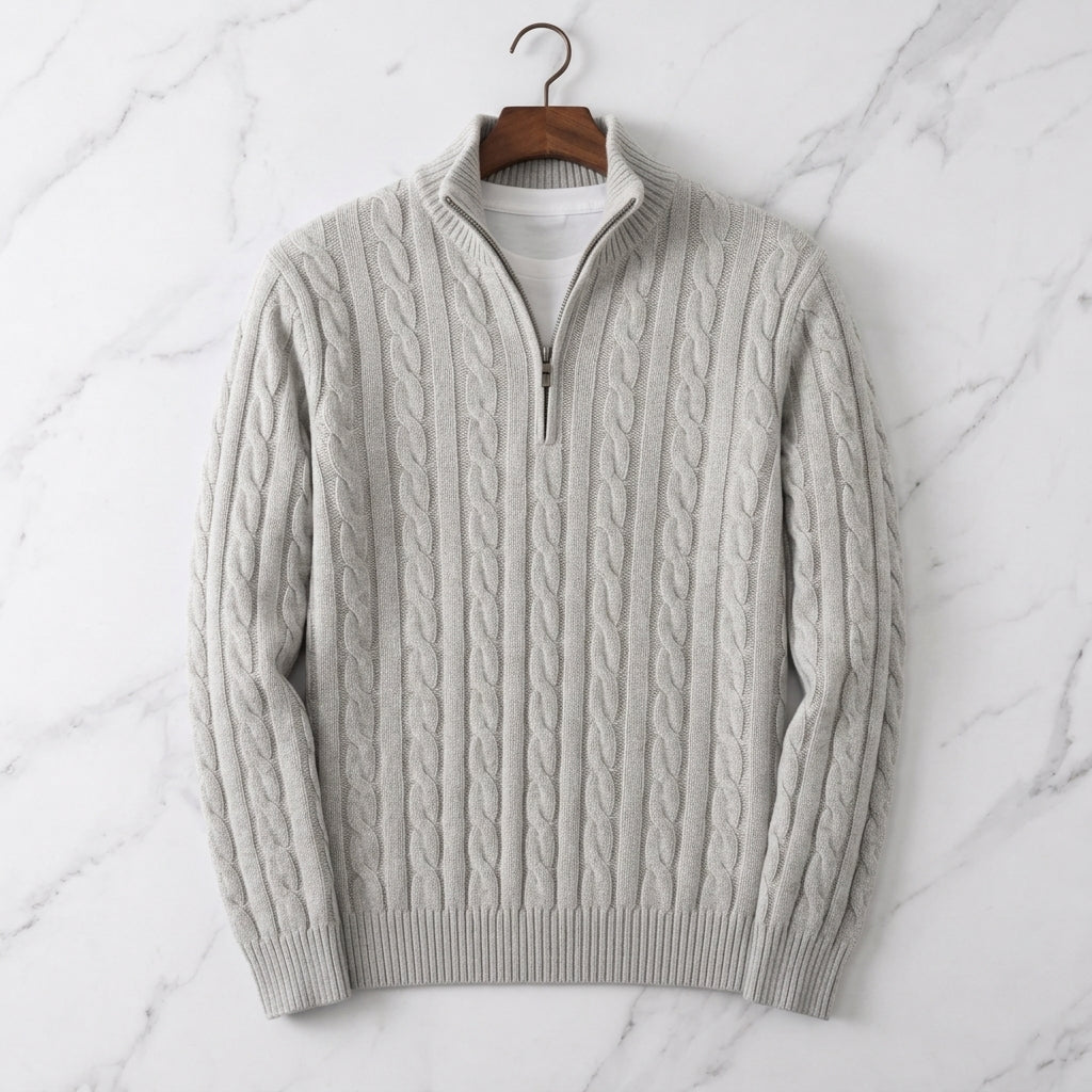 Marvin Cable Knit Quarter-Zip Pullover – Ribbed Trim Regular Fit Sweater