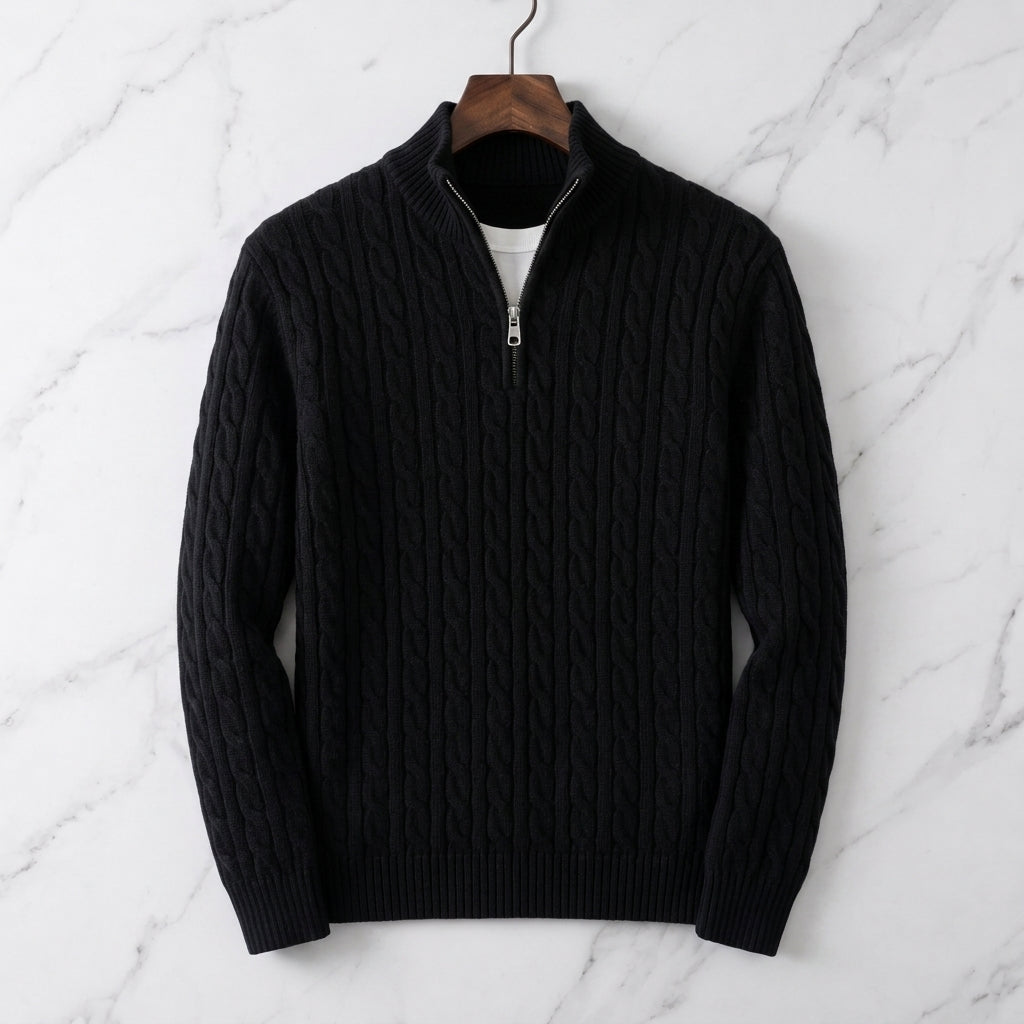 Marvin Cable Knit Quarter-Zip Pullover – Ribbed Trim Regular Fit Sweater
