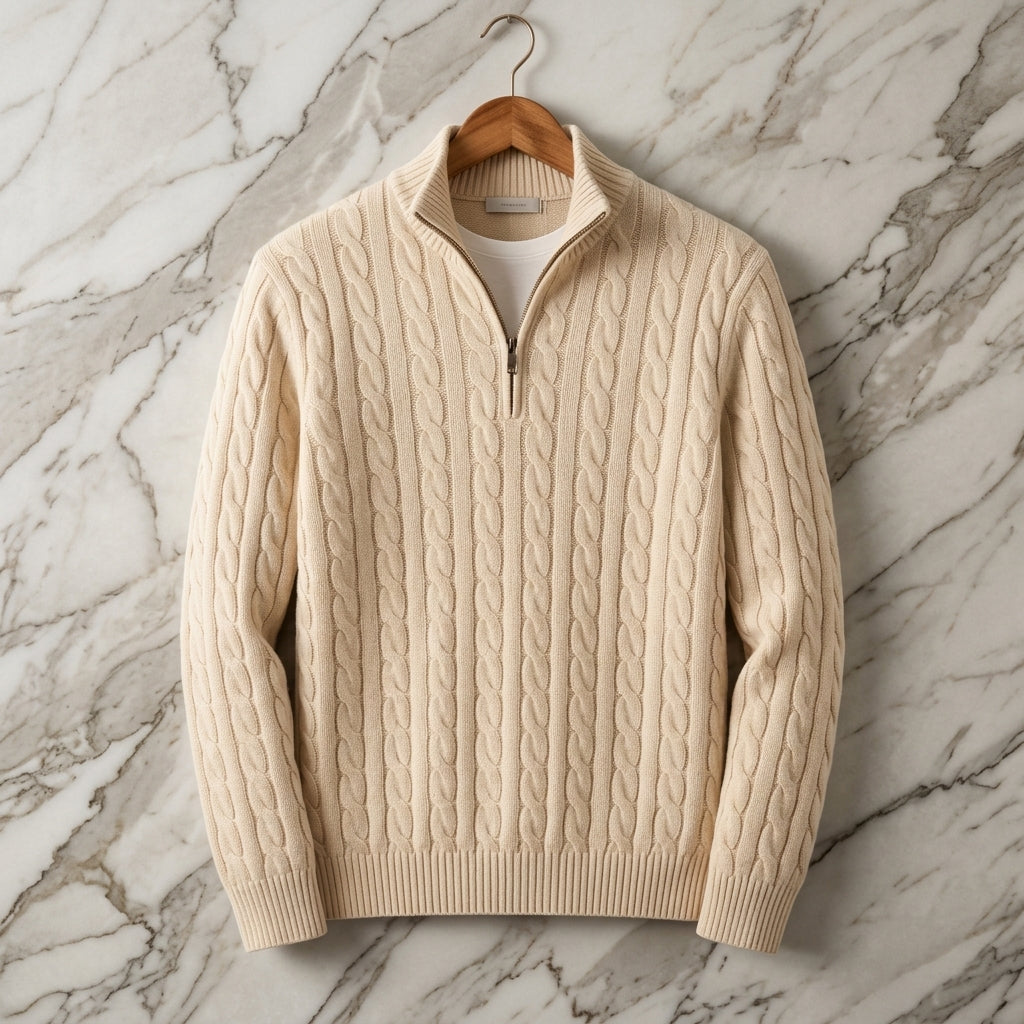 Marvin Cable Knit Quarter-Zip Pullover – Ribbed Trim Regular Fit Sweater