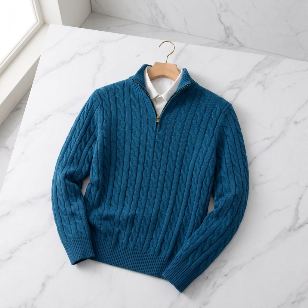 Marvin Cable Knit Quarter-Zip Pullover – Ribbed Trim Regular Fit Sweater