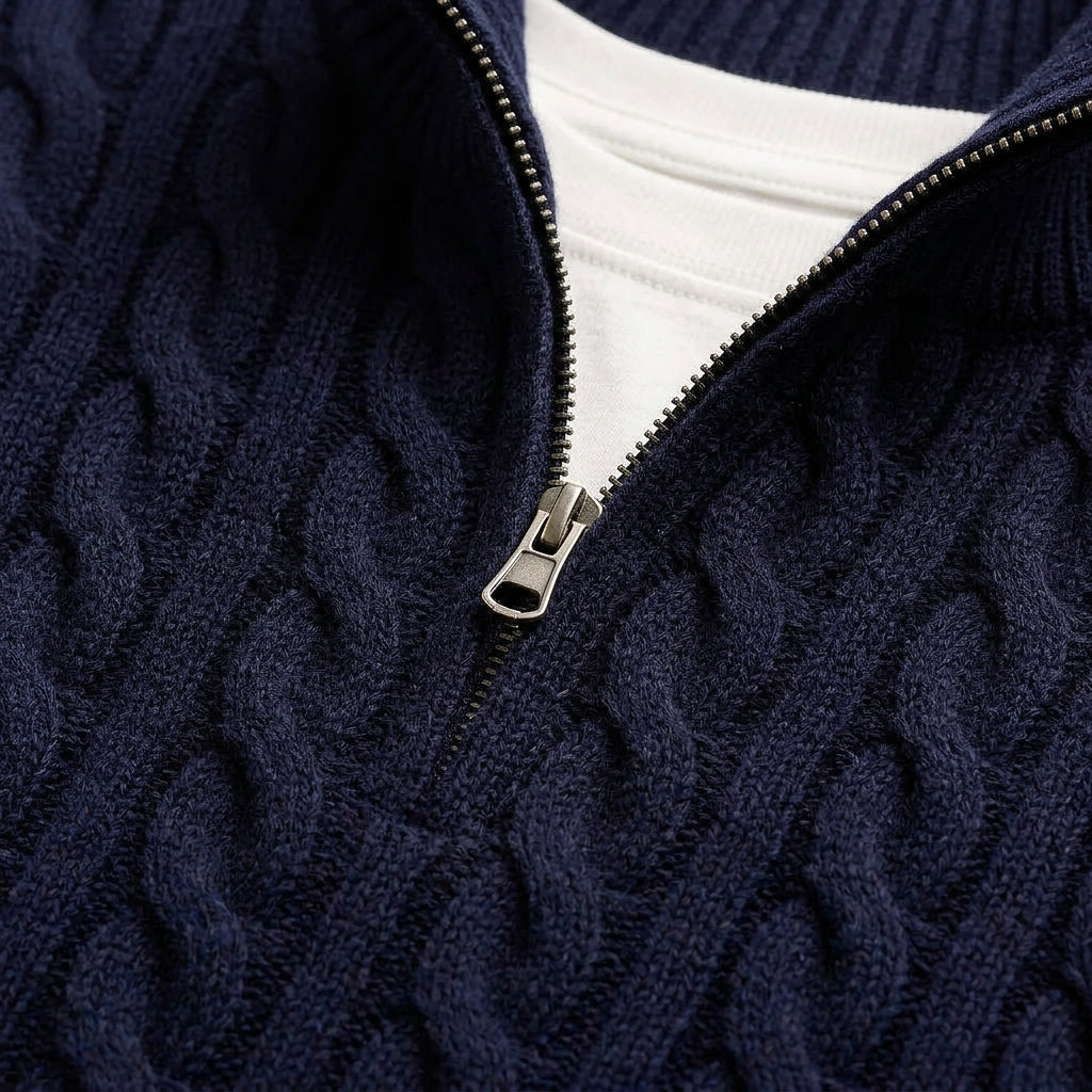 Marvin Cable Knit Quarter-Zip Pullover – Ribbed Trim Regular Fit Sweater