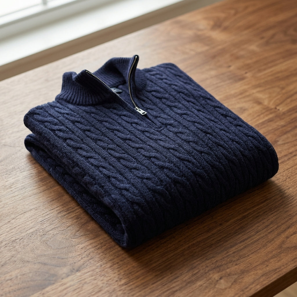 Marvin Cable Knit Quarter-Zip Pullover – Ribbed Trim Regular Fit Sweater