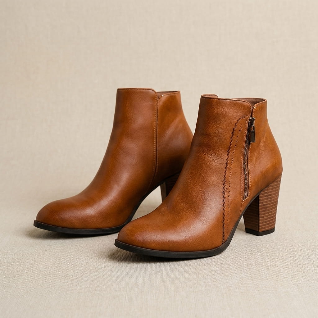Tan grained ankle booties with a pointed toe, tall block heel, and decorative side topstitch detail.