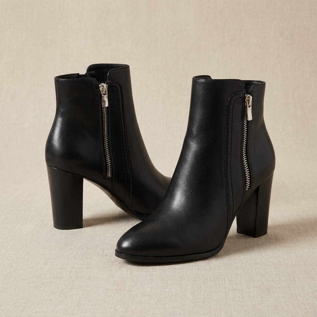 Black grained leather ankle booties with a pointed toe, tall block heel, and side zip detail with scalloped topstitching.